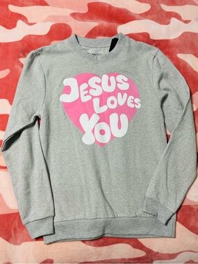 On Fire Gray Sweatshirt with Pink & White Heart "Jesus Loves You"